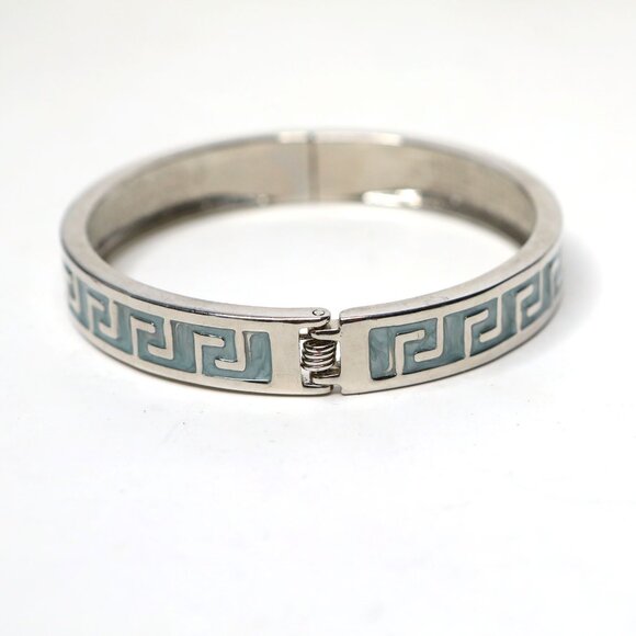 Greek Key Meander Hinged Cuff Bangle Bracelet Enamel Silver Tone Metal Classic - Picture 4 of 6
